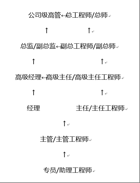<p>公司级高管总工程师/总师</p> <p>个</p> <p>T+</p> <p>总监/副总监、副总工程师/副总师、</p> <p>个</p> <p>1.</p> <p>高级经理、高级主任/高级主任工程师·</p> <p>个</p> <p>1.</p> <p>经理</p> <p>主任/主任工程师·</p> <p>1小</p> <p>主管/主管工程师</p> <p>1.</p> <p>专员/助理工程师·</p>